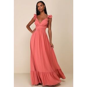 Lulus Soirée Celebration Rusty Rose Ruffled Lace-Up Maxi Dress NWT Medium